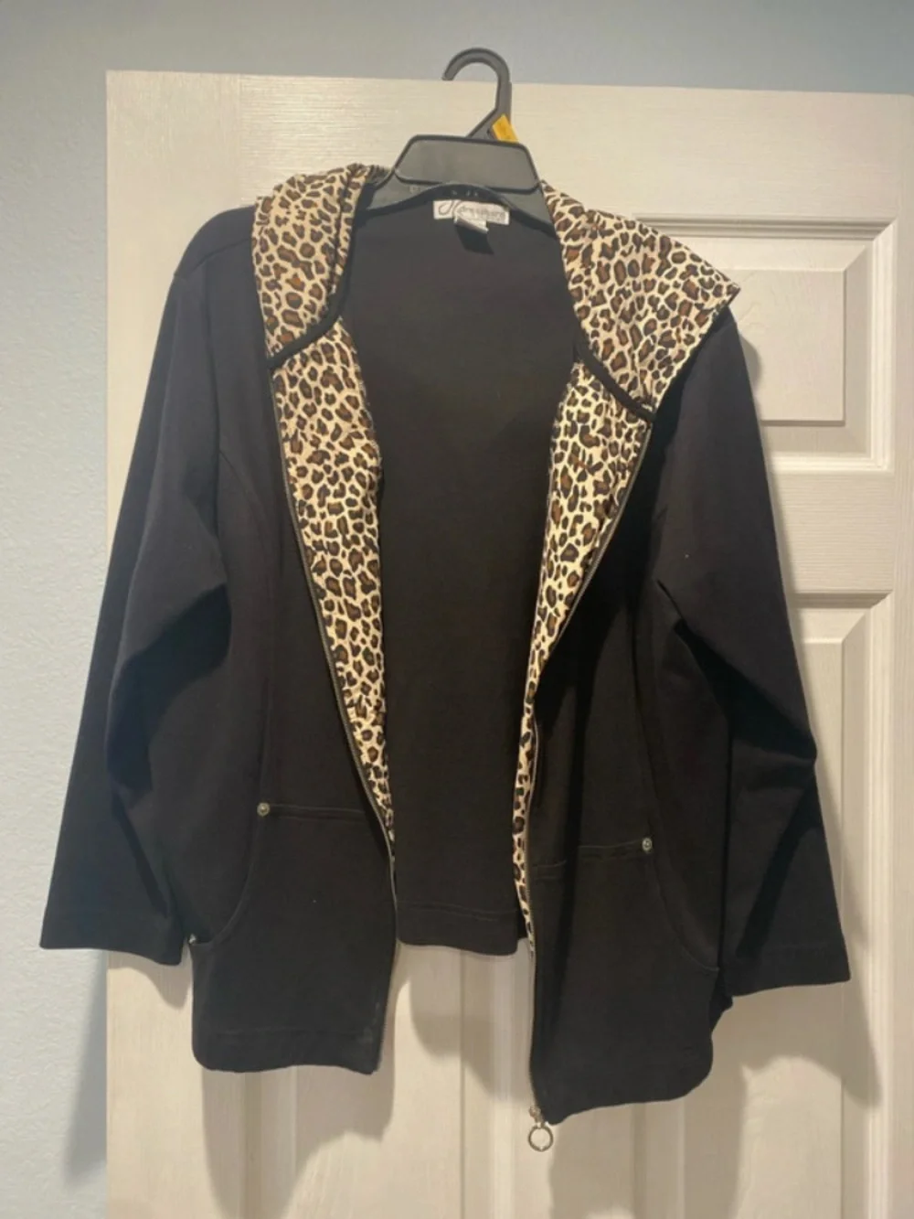 dressbarn Black Hoodie with Leopard Lining